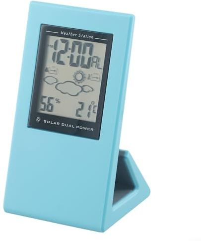 Yuanpgky Außenthermometer mit solarbetriebener Wetteruhr für und Luftfeuchtigkeit, LCD-Display, kompaktes stabiles Design, blau/grün, 15,5 x 8,2 cm (blau)