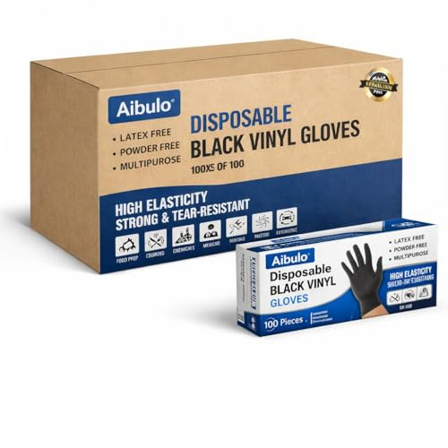 AIBULO 1000 Black Disposable Gloves Medium | Vinyl Gloves Latex Free & Powder Free | Strong Protective Gloves for Food Prep, Cleaning, Hair Dye, Mechanic & Medical Use | Small Size (10 Boxes of 100)