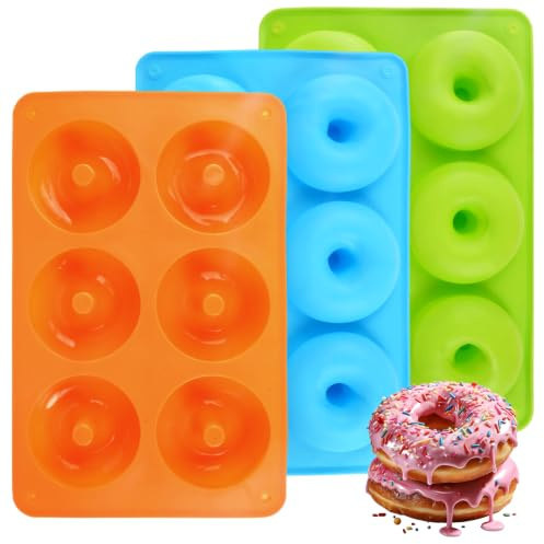 3 Piezas Molde Donuts, 6 Cavidades Moldes de Silicona para Donuts, Antiadherentes Moldes Silicona Reposteria para Hornear Donas, Cupcakes, Pasteles, Galletas y Gelatina (Verde, Naranja, Azul)