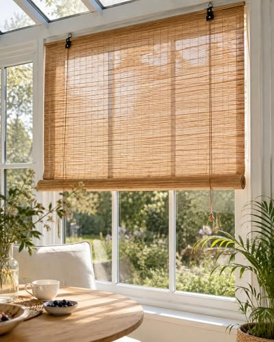 Natural Bamboo Blinds for Windows, Custom Sizes & Multi-Colour, Soft Light Filtering, Easy Fit Roller Blinds for Kitchen, Conservatory, Patio Indoor Outdoor Corded