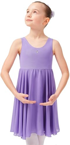 tanzmuster Ballettkleid Helena mit breiten Trägern und langem Chiffon Röckchen. Besonderer Ballettanzug mit Glitzerstein in lavendel, Größe:152/158