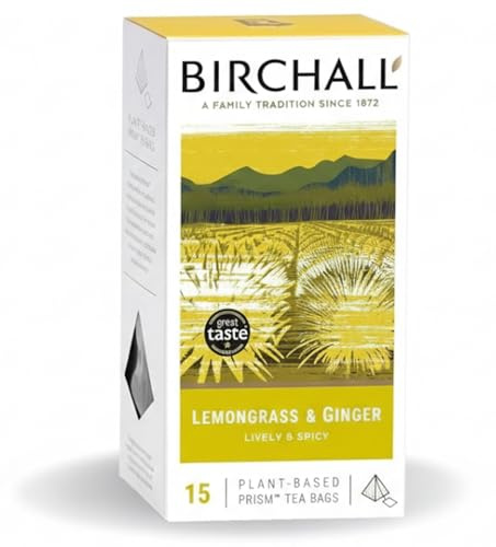 Birchall Tea Bags, Lemongrass & Ginger Herbal Tea Gift Set, Caffeine Free Tea Bursting with Full Flavour, 15 Plant-Based Prism Tea Bags