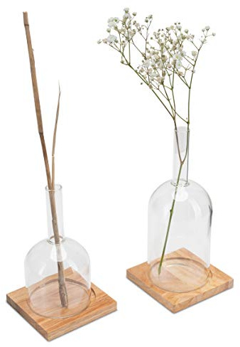 LUUK LIFESTYLE - Vas-set i flaskform, vasdekor, glasvas för en blomma, bordsvas, skandinavisk design, dekortativ vas, vas för långa stjälkar, minimalistisk, träunderlägg