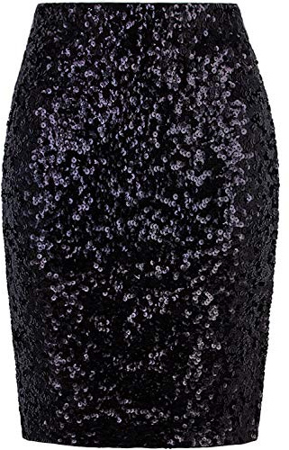 Vijiv Womens Elegant Stretchy High Waist Sequin Pencil Skirt Midi Sparkle Glitter Bridesmaid Skirts Party Black X-Large