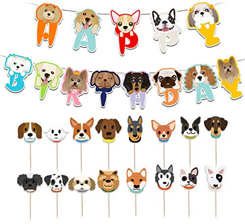 Boerni Dog Birthday Decoration, 13 Pcs Cute Cartoon Dog Birthday Banner with 16 Pcs Puppy Cupcake Toppers for Pet Theme Birthday Party, Kids Birthday Party