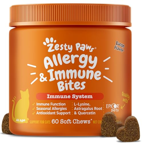 Zesty Paws Cat Allergy Relief - Anti Itch Supplement - Omega 3 Probiotics - Salmon Oil Digestive Health - Soft Chews for Skin & Seasonal Allergies - with Epicor Pets - Bacon - 60 Count