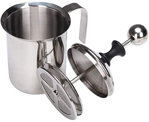 Manual Milk Frother, Milk Warmer, Stove Top Coffee Pot, 304 Stainless Steel Handheld Milk Heater Double Mesh Foam Mixer for Coffee, Latte, Cappuccino Foamer Creamer(800CC)