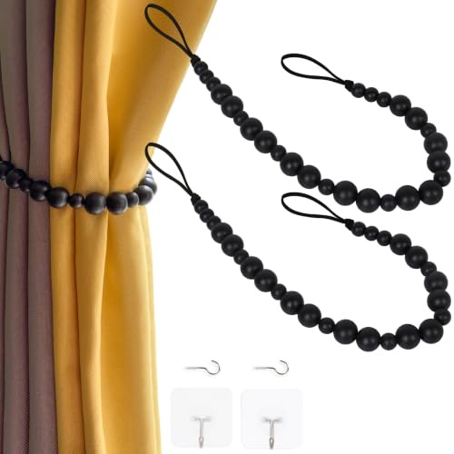 2 Stück Holzperlen Vorhang Raffhalter Boho Vorhang Raffhalter Vorhang Halter für Wand Bauernhaus Vorhang Raffhalter Fensterbehandlung Vorhang Raffhalter mit Haken Gardinenhaken (2, Schwarz)