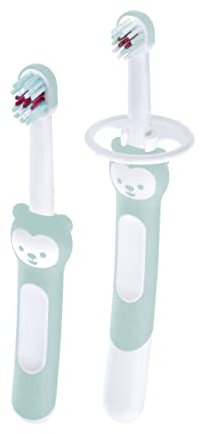 MAM Learn to Brush Set, Baby Zahnbürste mit langem Griff zum gemeinsamen Halten, Kinderzahnbürste trainiert das Zähneputzen, ab 5+ Monate, türkis, 1 Stück (1er Pack)