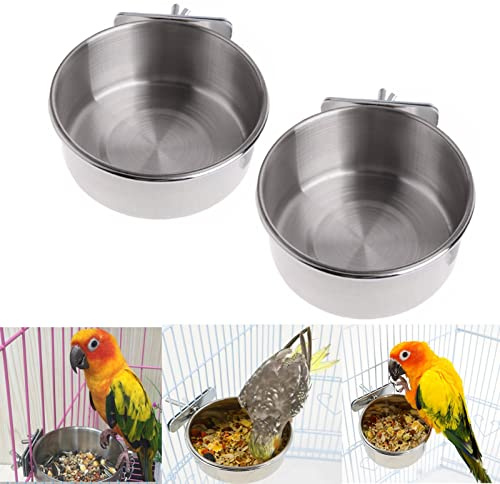 2Pcs Parrot Food Water Bowls,Bird Feeding Dish Cups Set,Stainless Steel Pet Hanging Bowl 12cm,Bird Cage Water Bowl with Clamp for Small Animal,Cockatiel Conure Budgies Parakeet Lovebird Chinchilla