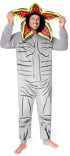 Stranger Things Fleece Onesie för vuxna tonåringar med huva dragkedja vardagskläder S-2XL fluffig fleece nattkläder presenter till honom, Grå, XL