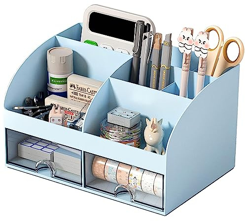 ROMINVIC Organiseur de bureau - Organiseur de bureau avec 6 compartiments et 2 petits tiroirs - Boîte de rangement pour porte-crayons (Blue)
