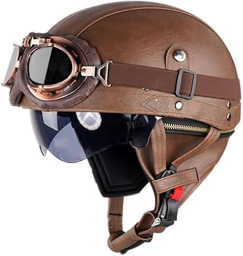 Retro Helm Motorradhelm Lederhelm Jethelme Vintage Mopedhelm Mit Brille ECE Zertifiziert Motorradkreuzer-Rollerhelm im Deutschen Stil (Braun (Farbe),XL/61-62cm)