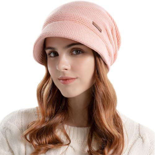 Enwokran Damen Strickmütze Beanie Mütze Gefüttert Fleece mit Krempe Baskenmütze Warme Schirmmütze für Winter