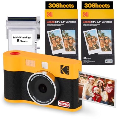KODAK Mini Shot 2 Era Regalo di Natale 4PASS 2-in-1 Fotocamera Istantanea & Stampante Fotografica (Fotocamera Istantanea + 8 Fogli inclusi + Pacchetto con 60 Fogli, Giallo)