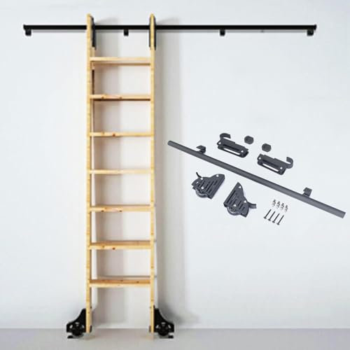 Tensible Hook on Rolling Library Ladder Hardware Kit Rustic Black Sliding Ladder Round Tube Track/Rail(No Ladder)+Floor Roller with Brake, For Home/Indoor/Loft/Library ( Size : 9.8ft/300cm track kit )