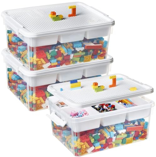 Aufbewahrungsbox für Bausteine Ablagefächer 3 pcs Stapelbar Kisten Spielzeug Aufbewahrung mit Deckel & Bauplatte Stapelboxen Kunststoff Sortierboxen Kleinteile Organizer Box Kinder Spielzeugkiste