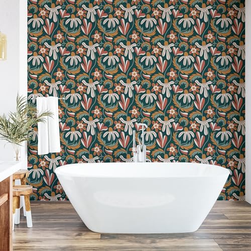 Ambesonne Floral Peel & Stick Wallpaper for Home, Retro Abstract Daisy Pansy Chamomile Flowers Exotic Illustration, Self-Adhesive Living Room Kitchen Accent, 33 cm x 90 cm, Pale Rust Grey Teal Amber
