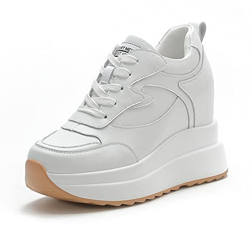 MIEHUIAI Zapatillas de Cuña para Mujer Moda Cuero Zapatos de Deporte Altas Ligeras Casuales Wedge Plataforma Sneakers con Tacón Oculto 10CM(Blanco,Tamaño 40)
