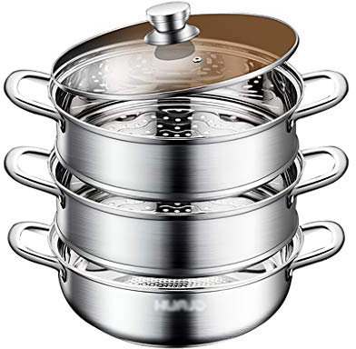 ANSNOW 3 Tier 34Cm Induction Hob Steamer Multi Veg Cooker Stainless Steel Pot Pan Set with Lid, Toughened Glass Lid, Three-Layer Composite Bottom