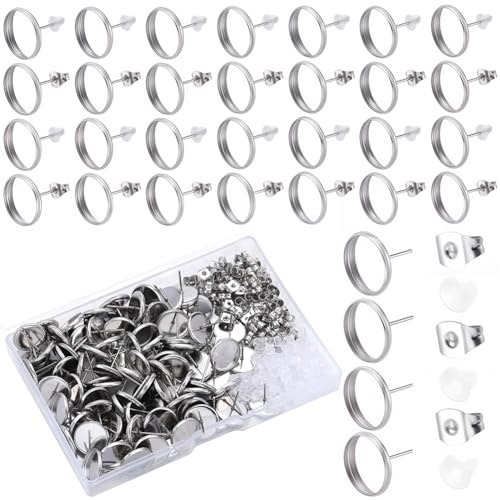 SOFPLATE 1 Box 300 Stück 12mm Ohrstecker Rohlinge Mit Lünette Cabochon Edelstahl Hypoallergen Silberne Ohrstecker Mit Ohrmutter Runde Ohrring Für Schmuckherstellung Zubehör DIY Handwerk