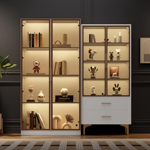 YESGIGA Weißglasvitrine mit 16-Farbiger LED-Beleuchtung, doppeltürige Vitrine mit beweglichen Einlegeböden, Hochschrank (2, 70x35x150cm)