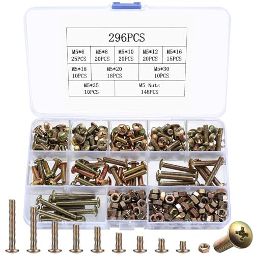 296 Stück M5 Schrauben Set, Linsenkopfschrauben Und Muttern, Kreuzschlitzschrauben, Maschinenschrauben Sortiment, Flachkopf Gewindeschrauben, Motorrad Fahrrad Schrauben