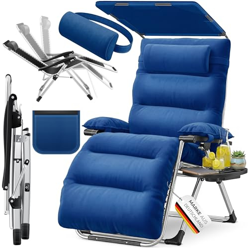 KESSER Transat XXL - vikbar, väderbeständig, 200 kg kapacitet, ergonomisk beläggning, justerbart ryggstöd, mugghållare och armkudde, med markis - marinblå