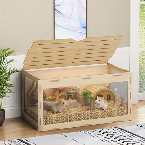 COZIWOW Hamster Cage 32, Large Wooden 270° Panoramic View Chewproof Habitat, Bigger World Small Animal House with Openable Top & Acrylic Panels for Syrian, Dwarf Hamsters, Gerbils