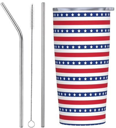 VOSERY Botella de agua de 20 onzas con tapa y popote, vaso aislado de acero inoxidable con estrellas y rayas, taza de café de viaje, vaso personalizado