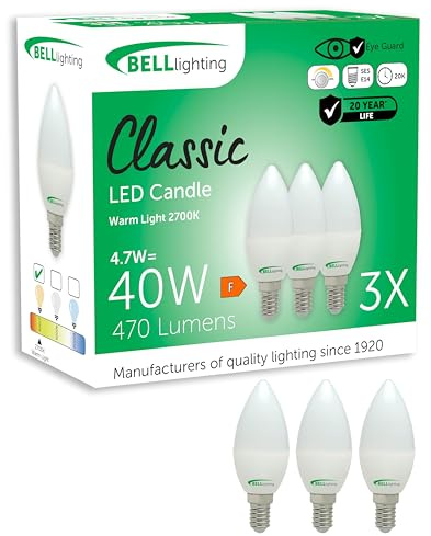 BELL Lighting E14 Dimmable LED Candle Bulbs 3 Pack | 4.7 W 470 Lumen Warm White 2700 K | Small Edison Screw Cap SES Light Bulb | Energy Saving LED Candle Bulb 40 W Equivalent for Lamps & Chandeliers