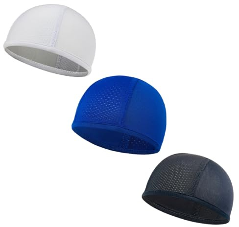 ZORVUJI Atmungsaktive Sommer-Motorrad-Sturmhaube, 3er Set Fahrrad-Sturmhaube, Sportmütze für Herren und Damen, Fahrrad-Bandana, Unterhelm-Mütze, Polyester (Schwarz+Weiß+Blau)