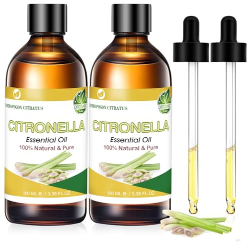 Huile essentielle de citronnelle 2 x 100 ml, Pure Huile de citronnelle parfumée pour diffuseur, humidificateur, DIY, massage, fabrication de savon, bougies, cadeaux pour femmes