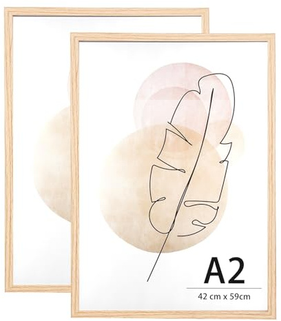 KAIWIN Bilderrahmen A2 Eiche Holz Fotorahmen 2 Stück Holzrrahmen Puzzlerahmen mit Acrylglas zum aufhängen Benutzt für Wohnzimmer, Schlafzimmer, Arbeitszimmer, für Poster und fotos