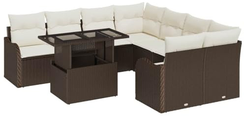 vidaXL Trädgårdsoffset med kudde 9 pcs Brun Poly rattan, Trädgård och terrass, modern rattan-soffa, vädertålig sittgrupp, modulär utomhuslounge, rektangulärt matbord