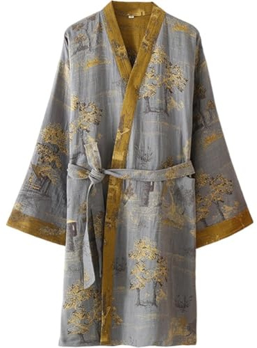 Hrippy Albornoz Tipo Kimono De Verano para Hombre, Pijama Largo Tipo Yukata De Algodón, Ropa De Estar por Casa, De Baño para Hombre, Camisón De Dormir