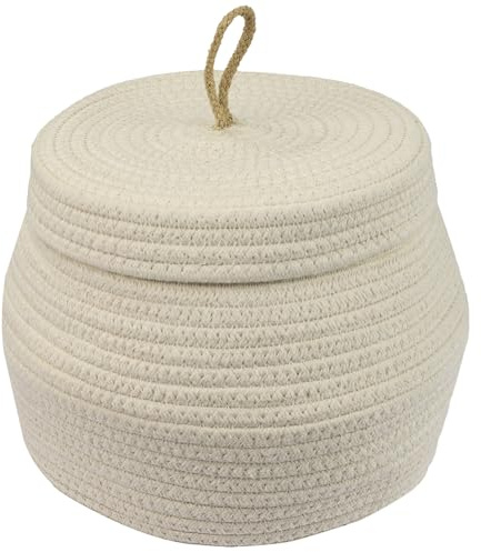 HMF Badrumsförvaringskorg Rund Förvaringskorg med Lock Tillverkad av Bomull | Hög | 25,5 x 19 cm | Grädd