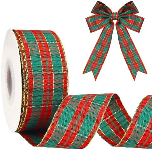 Ruban de Noël, 40 mm de large, rouge et vert, à carreaux avec bordure dorée, 22 m de long, pour loisirs créatifs, emballages cadeaux et décorations de sapin