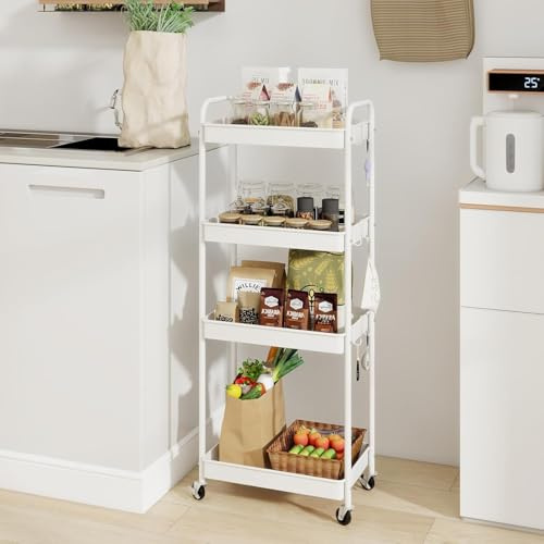 PUNCIA 4 Tiers Metal Storage Trolley on Wheels for Bathroom Kitchen Laundry | Book Craft Tea Art Trolley, Easy Assembly Rolling Utility Cart Mobile Storage Shelving Organiser White