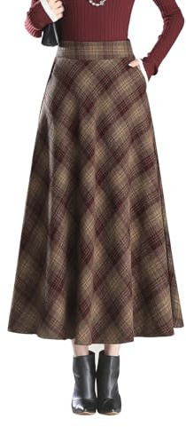 Beeblily Jupe Longue Femme Hiver Élégant Taille Haute Carreaux Laine Maxi Skirt A-Ligne Chaud Plissée Jupe 8051 Marron XXL