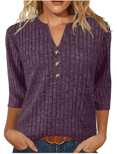 Womens Jumpers V Neck 3/4 Sleeve Top Lightweight Sweater Ladies Dressy Tunic Shirts Spring Fall Ladies Knitted Tops Plain Casual Blouses Knitwear Thin Pullover Sweatshirt Going Outwear Purple