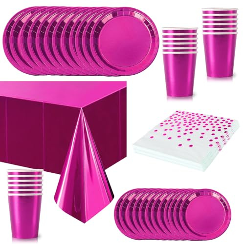 65 piezas Juego de Vajilla Desechable Rosa Fuerte Foil,Platos Desechable Decoración Cumpleaños Fiesta Compostables,Platos Servilletas Biodegradable Copa de Papel Mantel,para Bodas,Picnics,Baby Shower