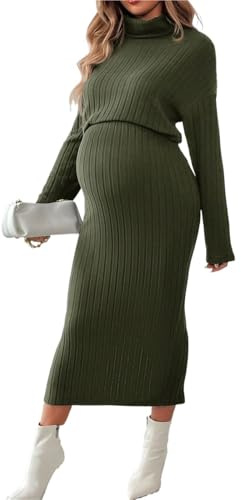LIZHAYG Vestiti Premaman Felpa verde a collo alto con gonna a spacco, lavorata a maglia ad alta elasticità, for autunno e inverno, un'elegante