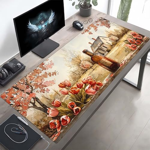 Gaming Mauspad 1600x800x3 mm Gaming Mousepad XXL Blume Rosa Mauspad Schreibtischauflage, Genähte Kanten Mausmat, rutschfeste Gummibasis, Schreibtisch Schutz für Home Büro, Geschenke PjY10490 7-Y