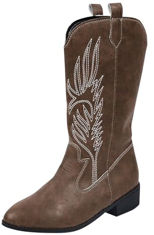 Bottes de cowboy pour femme - En cuir - Broderie pointue - Bottes de cowboy western plates - Bottes longues - Bottes longues confortables - Pour l'automne et l'hiver - Bottes Chelsea légères