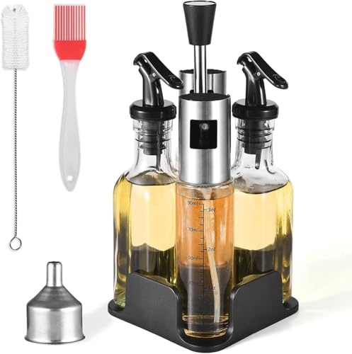 Gcirn Oil and Vinegar Bottle Set,OilDispenser,Oil Spray with Scale,withStainless Steel Rack,Oil Dispenser,Olive Oil Bottle and Vinegar BottleGlass