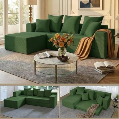 YINIX 3-Sitzer Modulares Klappbares Schlafsofa, Cord Sofa L-Form | Platzsparendes Ecksofa 235 cm mit Schlaffunktion, breiten Armlehnen, Metallrahmen, Anti-Rutsch-Boden, ohne Montage.