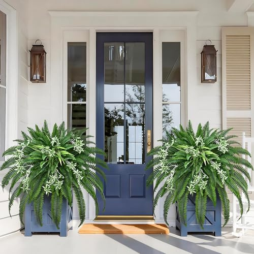 Livole 2 Pcs 48 Large Fake Ferns with Spider Plant, Artificial Ferns for Outdoors Large Faux Boston Fern with 110 Branches Realistic UV Resistant for Planter Indoor Home Garden Porch Hanging Decor