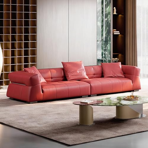 Italiensk modern enkel röd lädersoffa, rymlig och mjuk soffa med massiv träram, modern stor storlek, lämplig för vardagsrum/kontor/lägenhet.