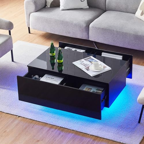 CLIPOP Couchtisch Hochglanz Schwarz mit LED, 100x55x40cm | Wohnzimmertisch, 4 Schubladen, Einstellbare Lichtfarben, Mit Stauräume, Moderner Sofatisch